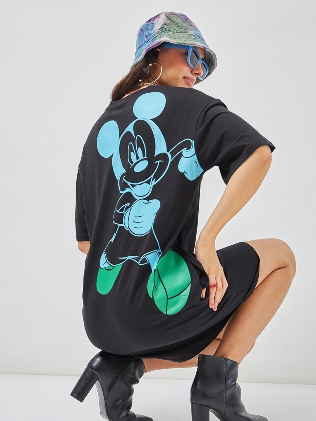 

Bewakoof Mickey Mouse Printed Oversized Pure Cotton T-shirt Dress, Black
