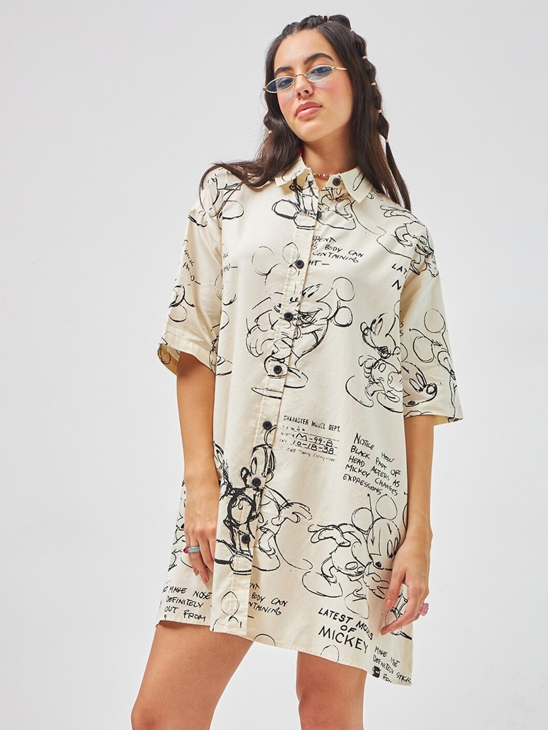 

Bewakoof Mickey Mouse Printed Pure Cotton Shirt Style Dress, Beige
