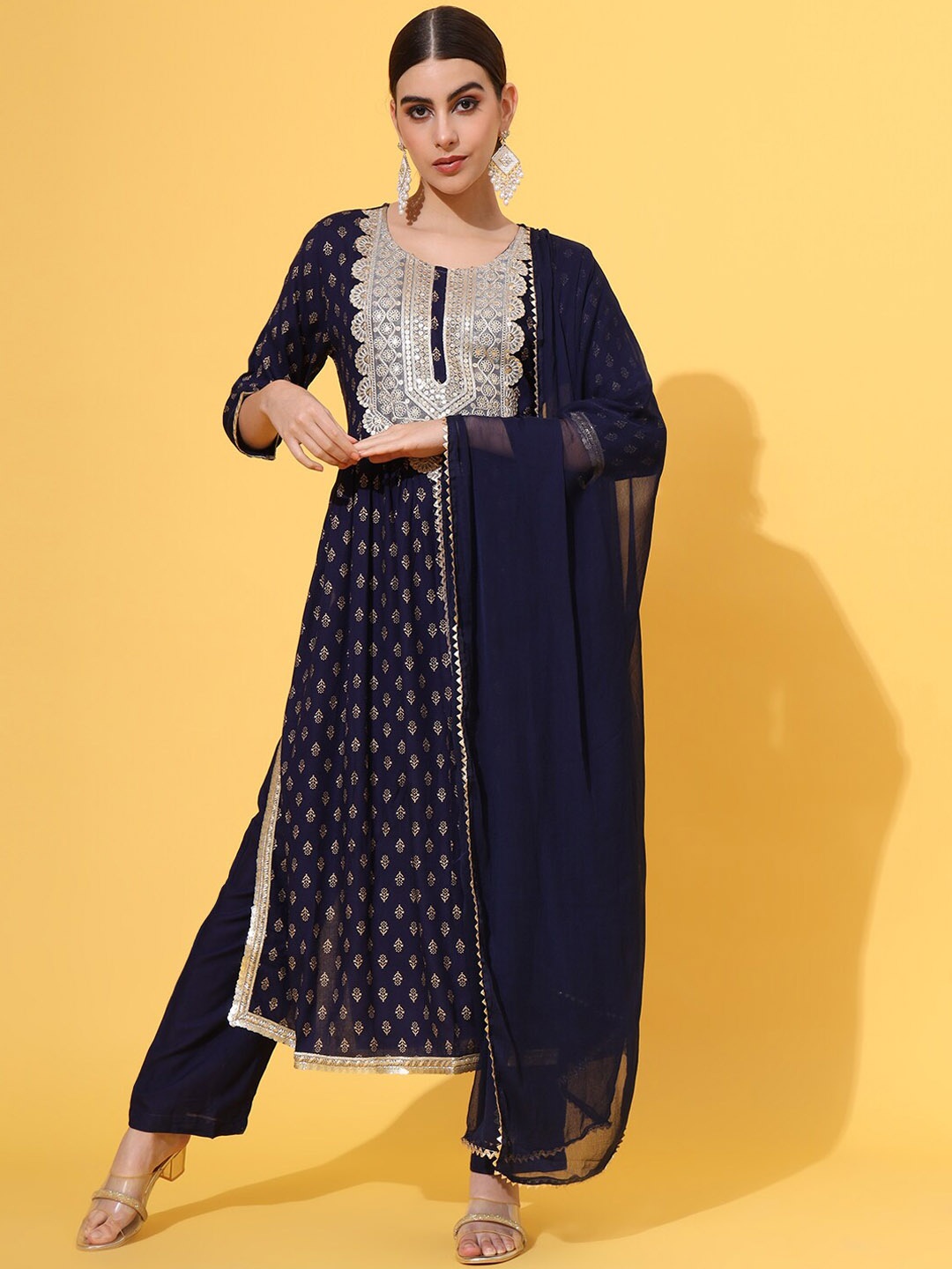 

JAIPUR PRIME Yoke Design Regular Kurta with Trousers & Dupatta, Blue