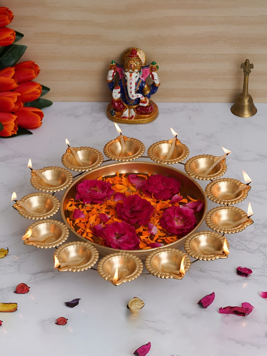 

ARVALLEY Gold Toned Textured Decorative Bowl With Diyas