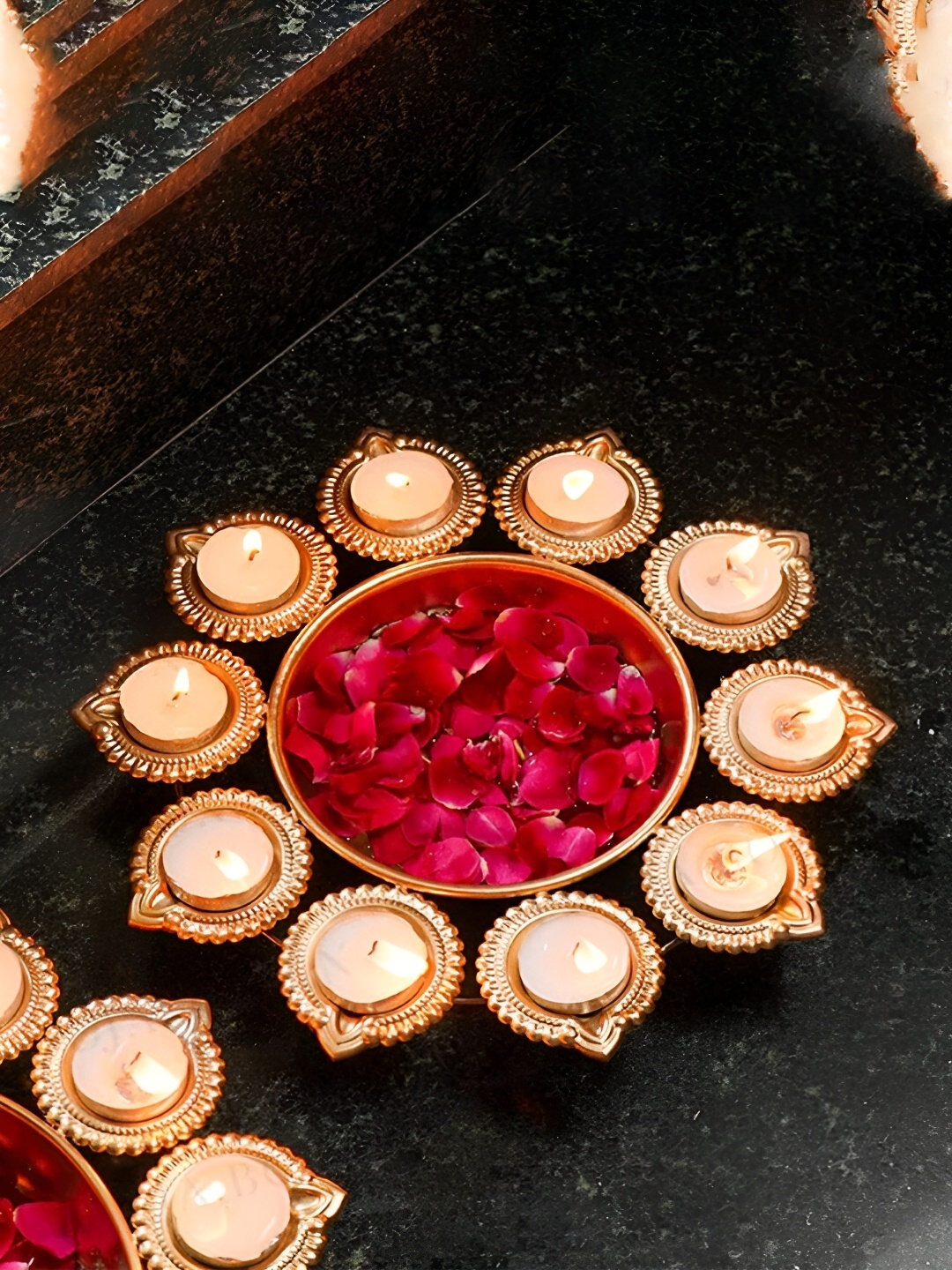 

ARVALLEY Gold Toned Textured Decorative Bowl With Diyas