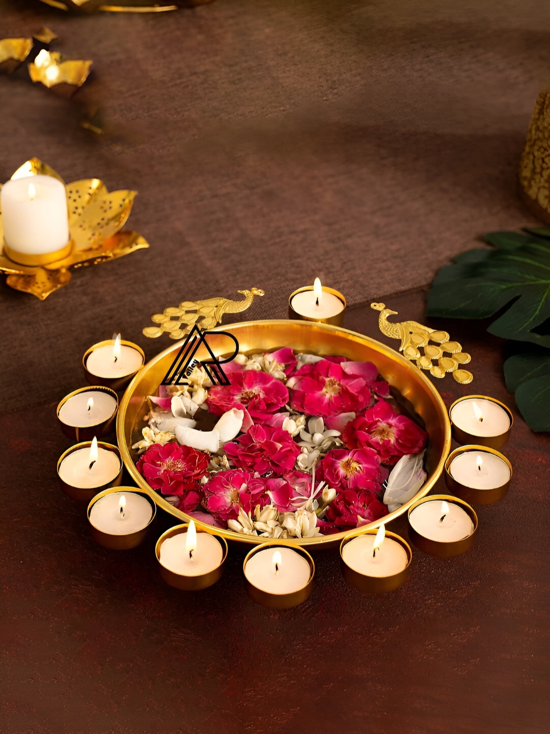 

ARVALLEY Gold Toned Peacock Textured Decorative Bowl With Tea Light Holders