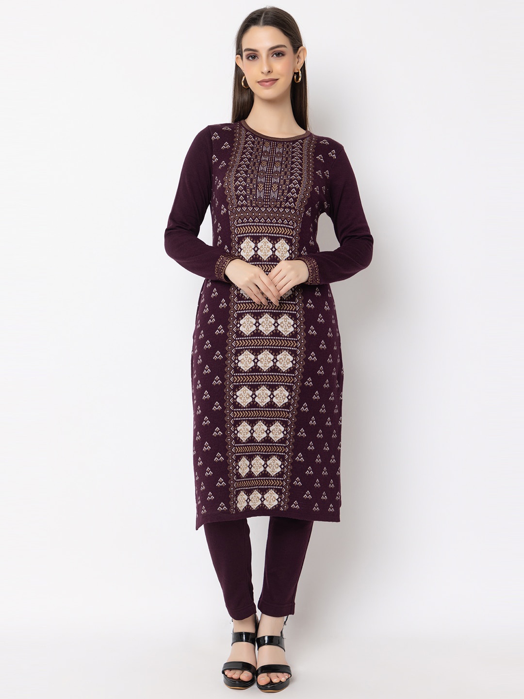 

KEIKO Ethnic Motifs Woven Designed Regular Acrylic Kurta & Trousers, Mauve