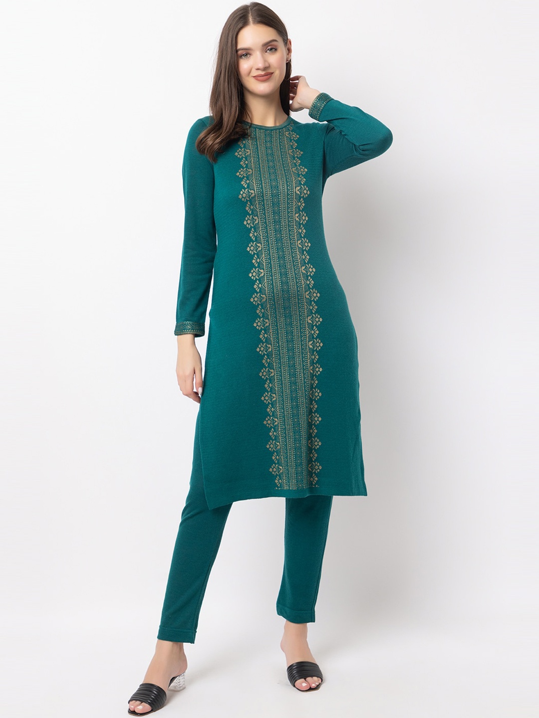 

KEIKO Ethnic Motifs Woven Design Jacquard Knitted Acrylic Kurta & Trousers, Green