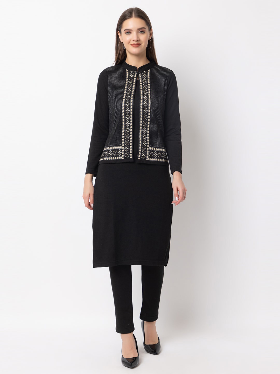 

KEIKO Solid Jacquard Knitted Acrylic Kurta & Trousers, Black