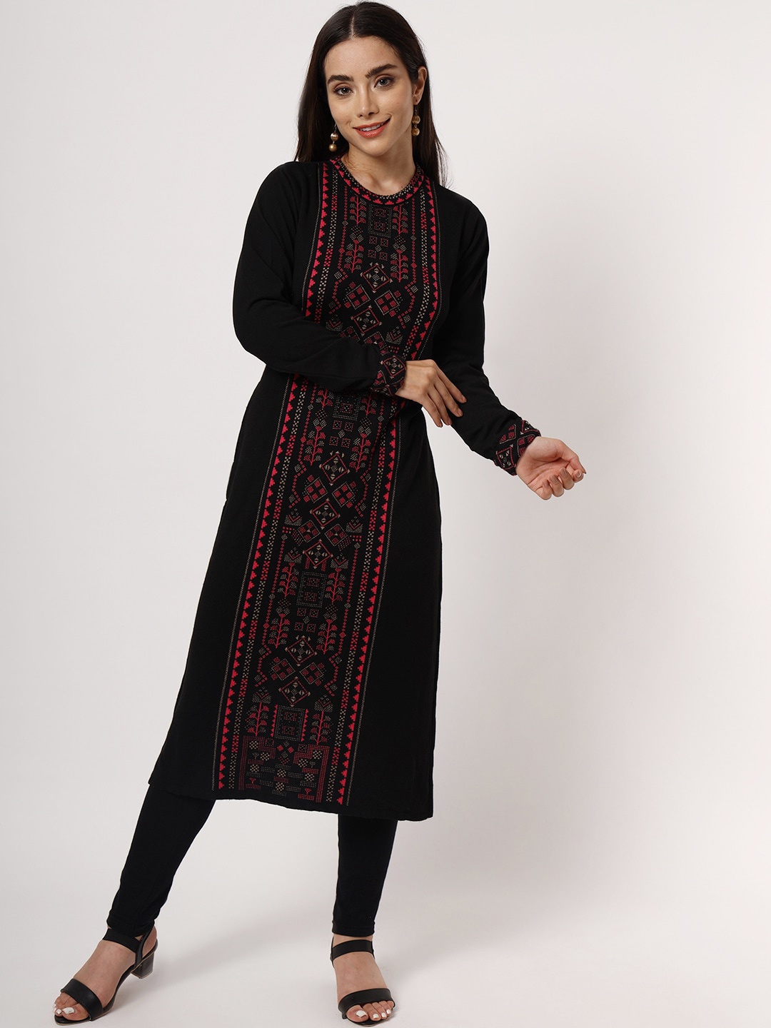 

KEIKO Ethnic Motifs Woven Design Jacquard Knitted Acrylic Kurta & Trousers, Black