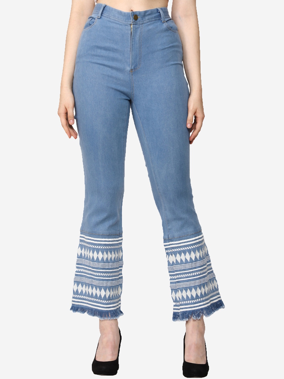 

SUMAVI-FASHION Women Mid-Rise Geometric Embroidered Cropped Denim Trousers, Blue
