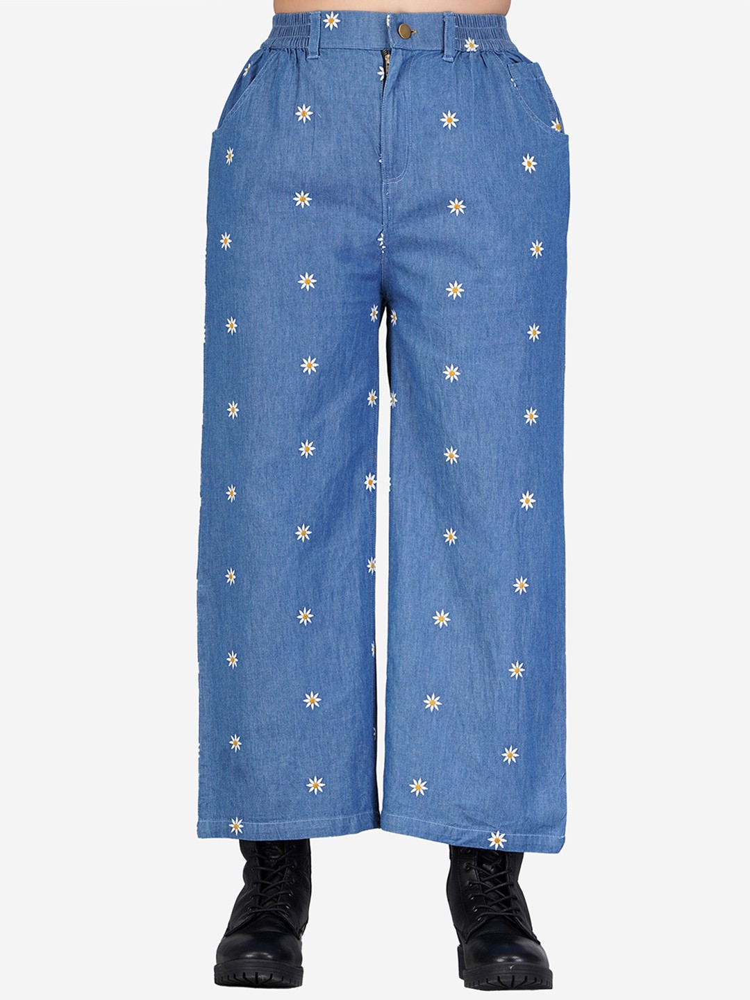 

SUMAVI-FASHION Women Mid-Rise Floral Printed Pleated Denim Parallel Trousers, Blue