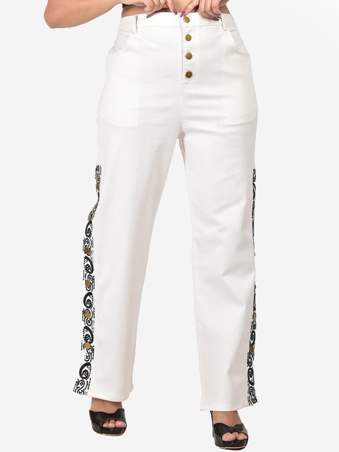 

SUMAVI-FASHION Women Mid-Rise Ethnic Motifs Embroidered Denim Trousers, White