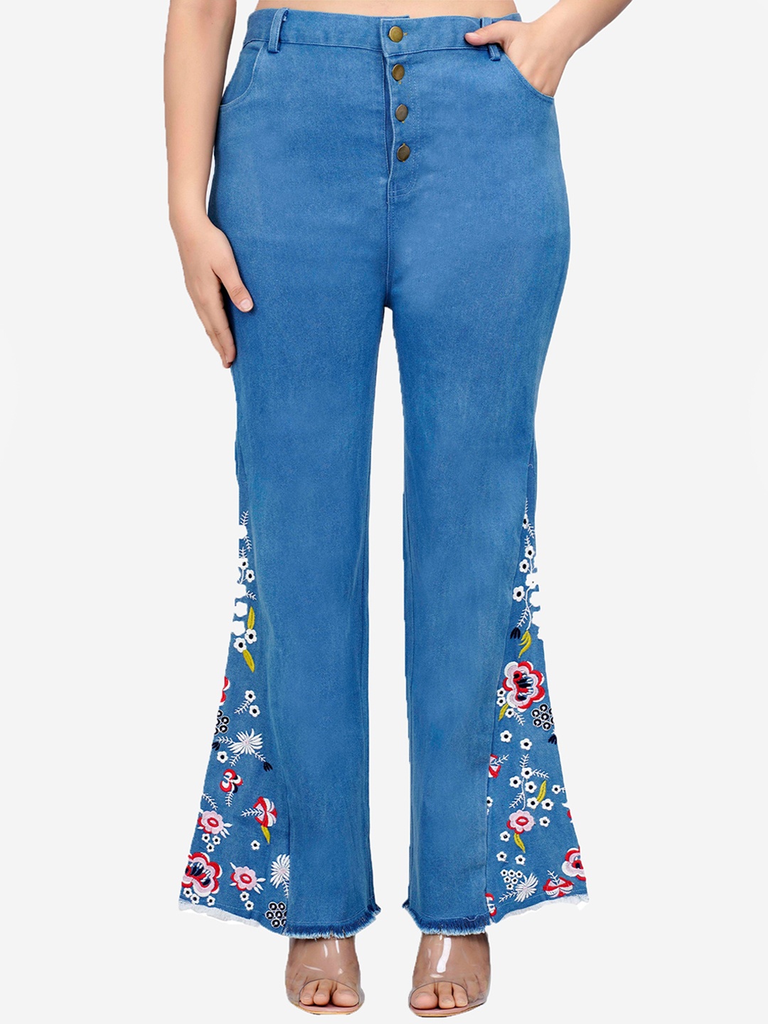 

SUMAVI-FASHION Women Mid-Rise Floral Embroidered Denim Bootcut Trousers, Blue