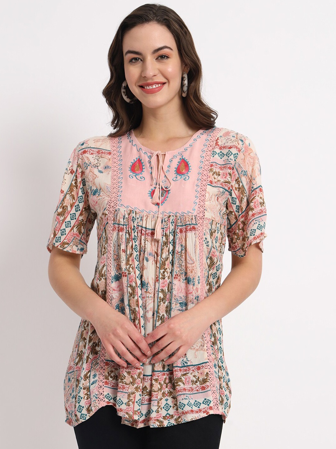 

VELDRESS Floral Printed Tie-Up Neck Flared Sleeves Longline Top, Pink