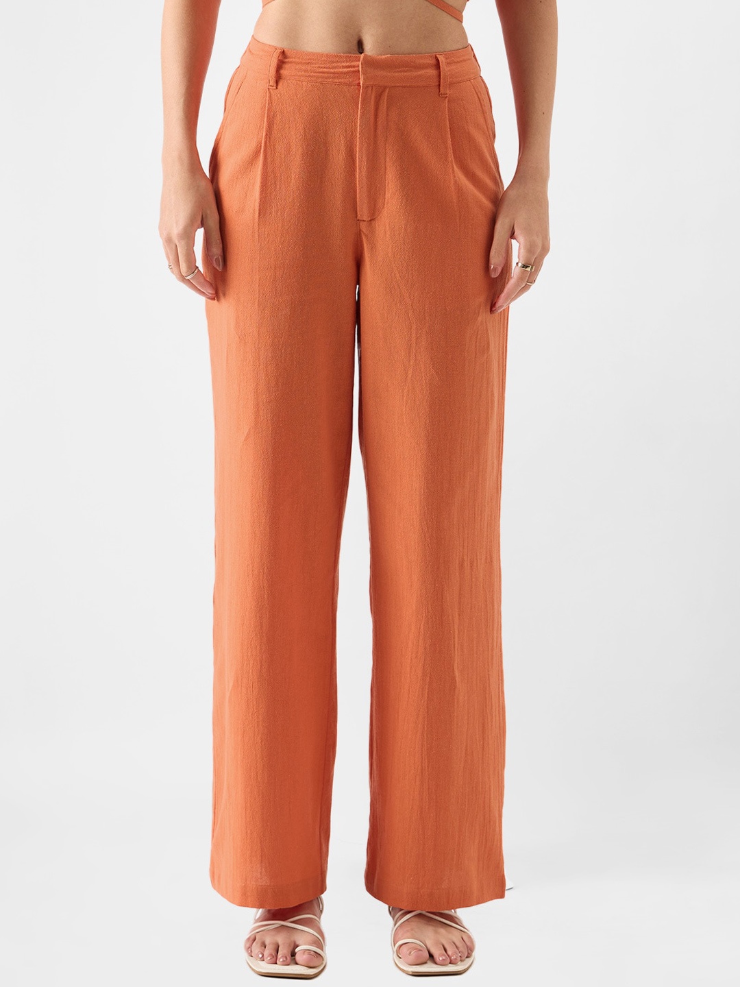 

The Souled Store Women Rust-Coloured Pure Cotton Parallel Trouser