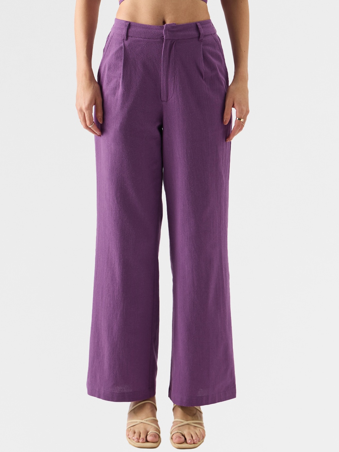 

The Souled Store Women Violet Mid-Rise Pure Cotton Pleated Trousers