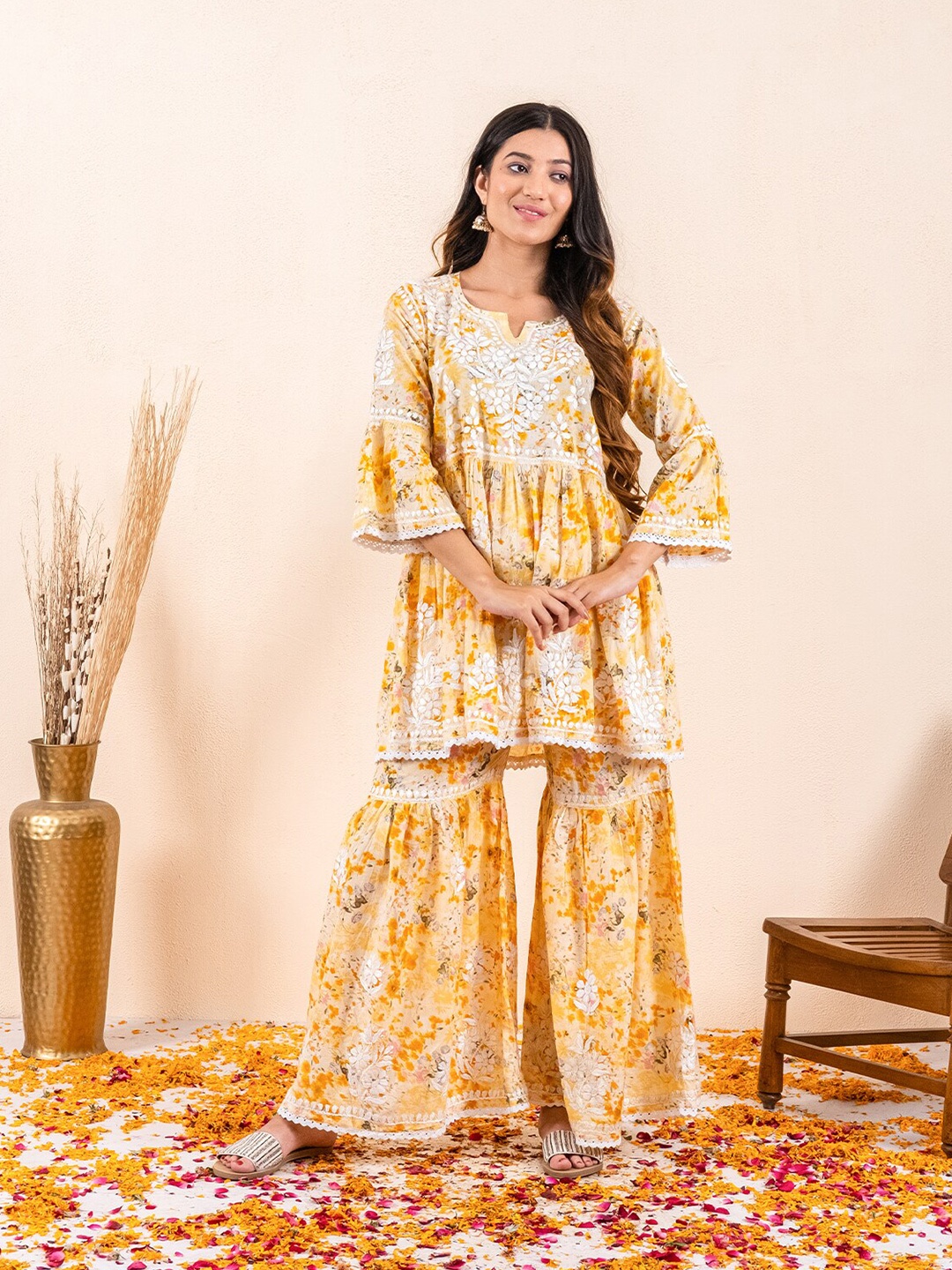 

Chowkhat Floral Printed Chikankari Pure Cotton A-Line Kurti & Sharara, Yellow