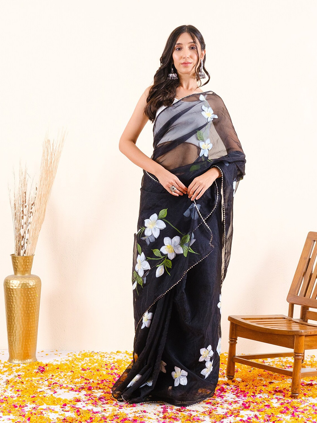 

Chowkhat Floral Printed Organza Saree, Black