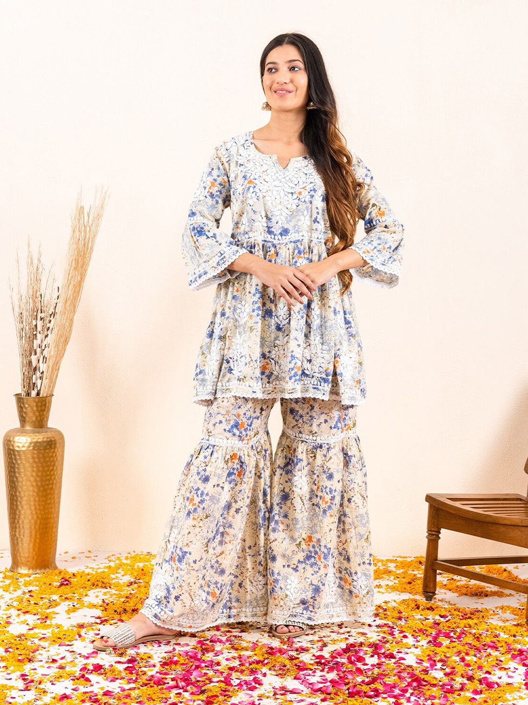 

Chowkhat Women Blue Floral Printed Empire Chikankari Pure Cotton Kurta with Sharara