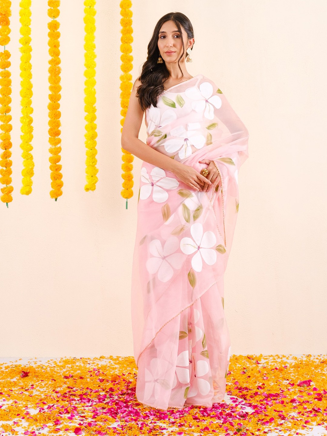 

Chowkhat Floral Printed Organza Saree, Pink