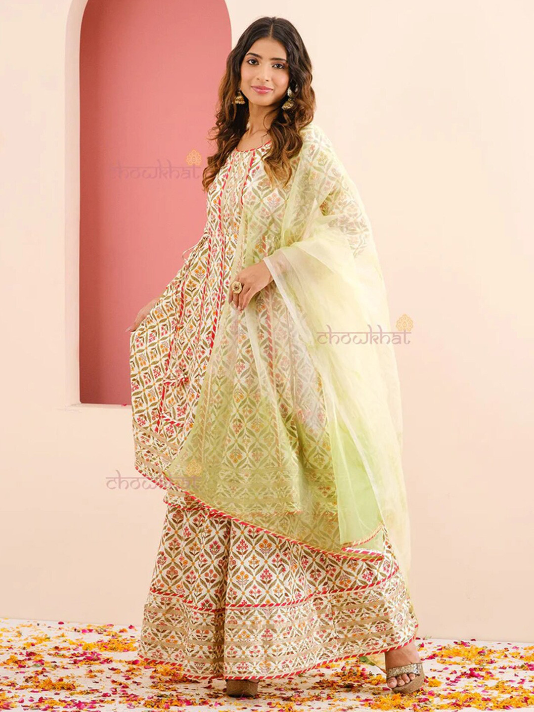 

Chowkhat Printed Anarkali Kurta With Skirt & Dupatta, Green