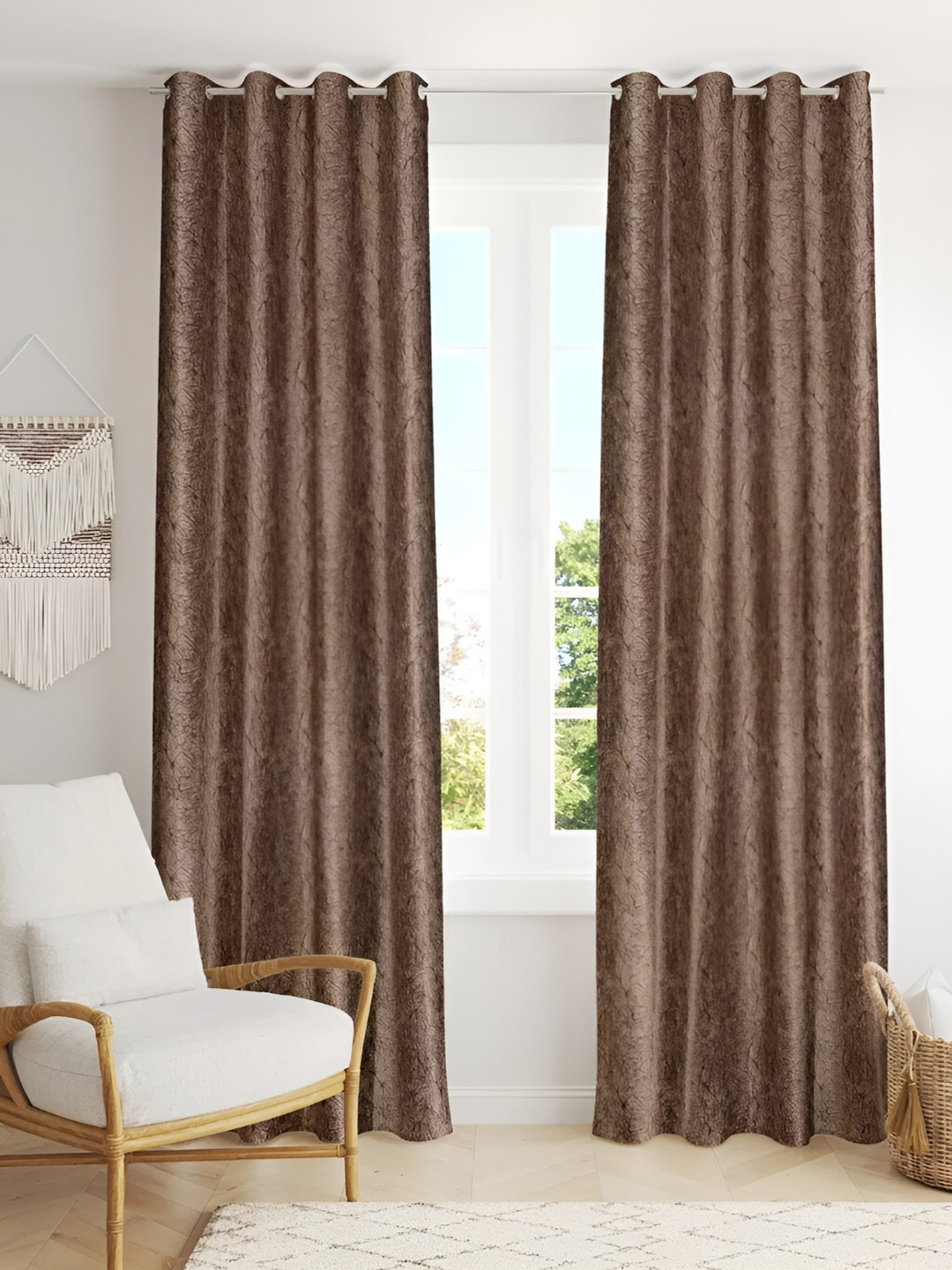 

stuffique Brown 2 Pieces Geometric Eyelet Window Curtain