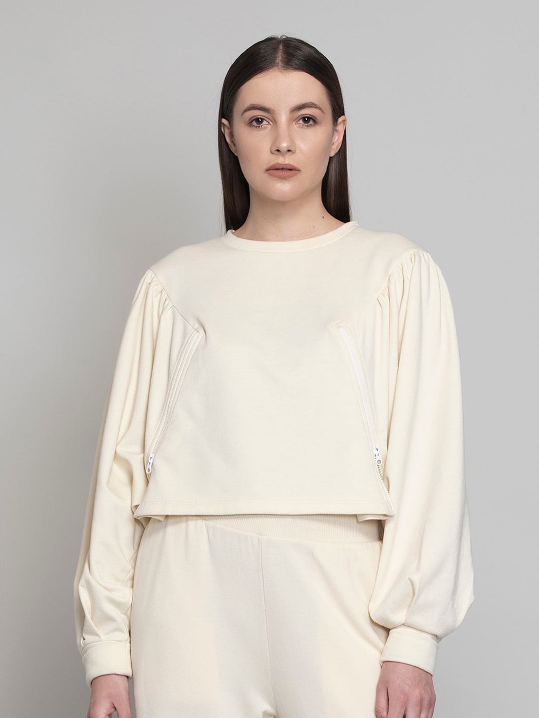 

Muvazo Puff Sleeves Pullover Modal Sweatshirt, Off white