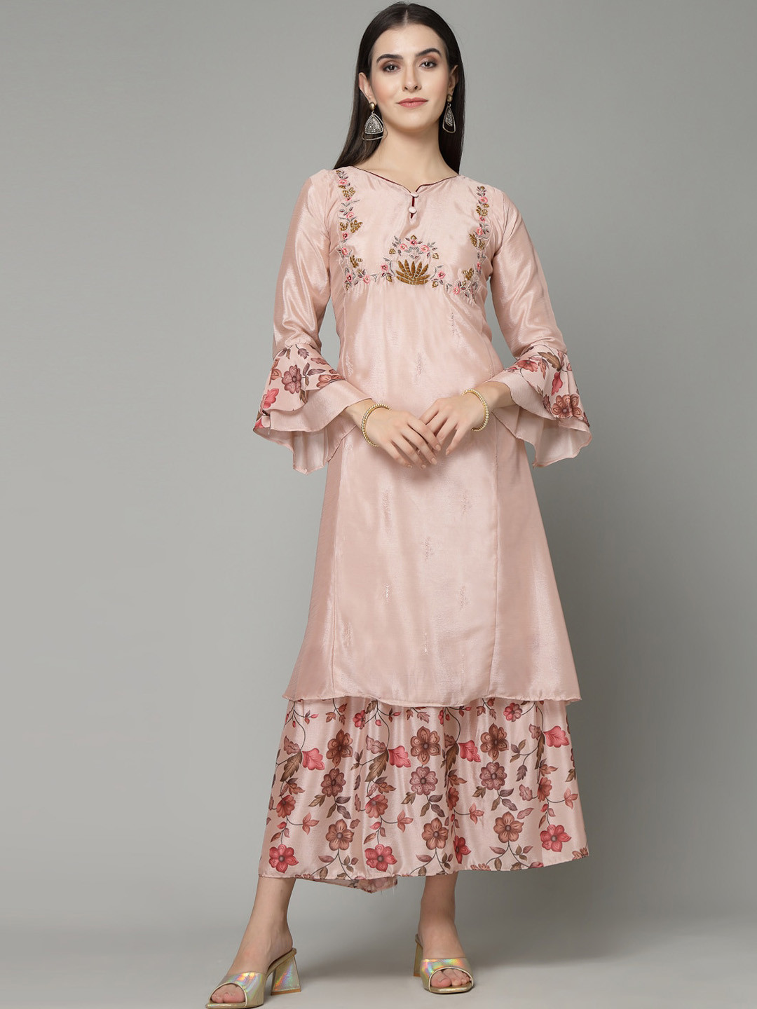 

18 ATTITUDE Floral Embroidered Straight Georgette Kurta, Peach