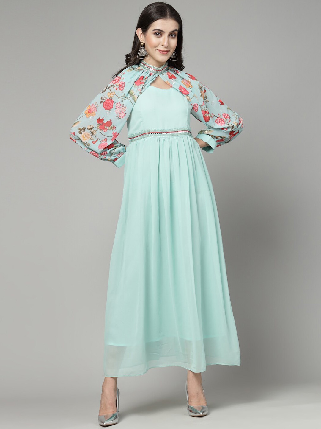 

18 ATTITUDE Floral Printed Embellished Silk Maxi Ethnic Dress, Sea green