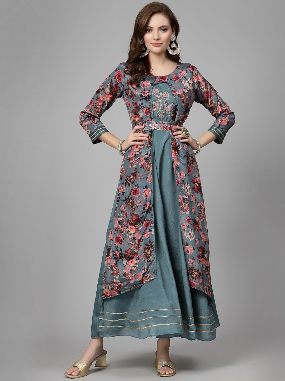 

18 ATTITUDE Floral Printed Embroidered Georgette Maxi Ethnic Dress, Grey