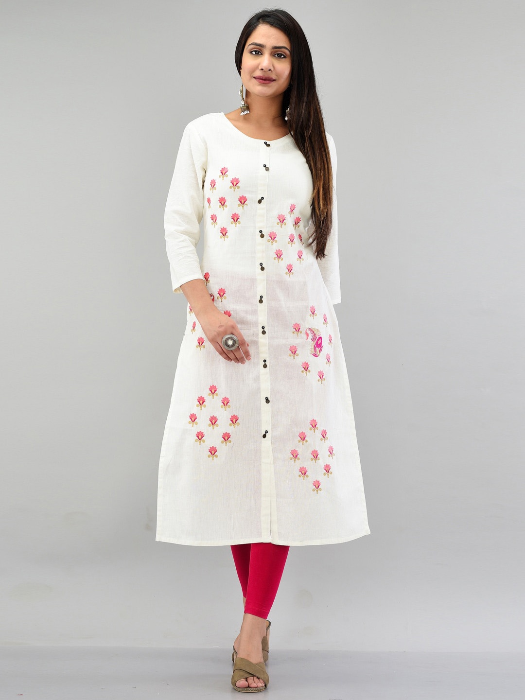 

PRAKRTEE Floral Embroidered A-Line Kurta, Off white