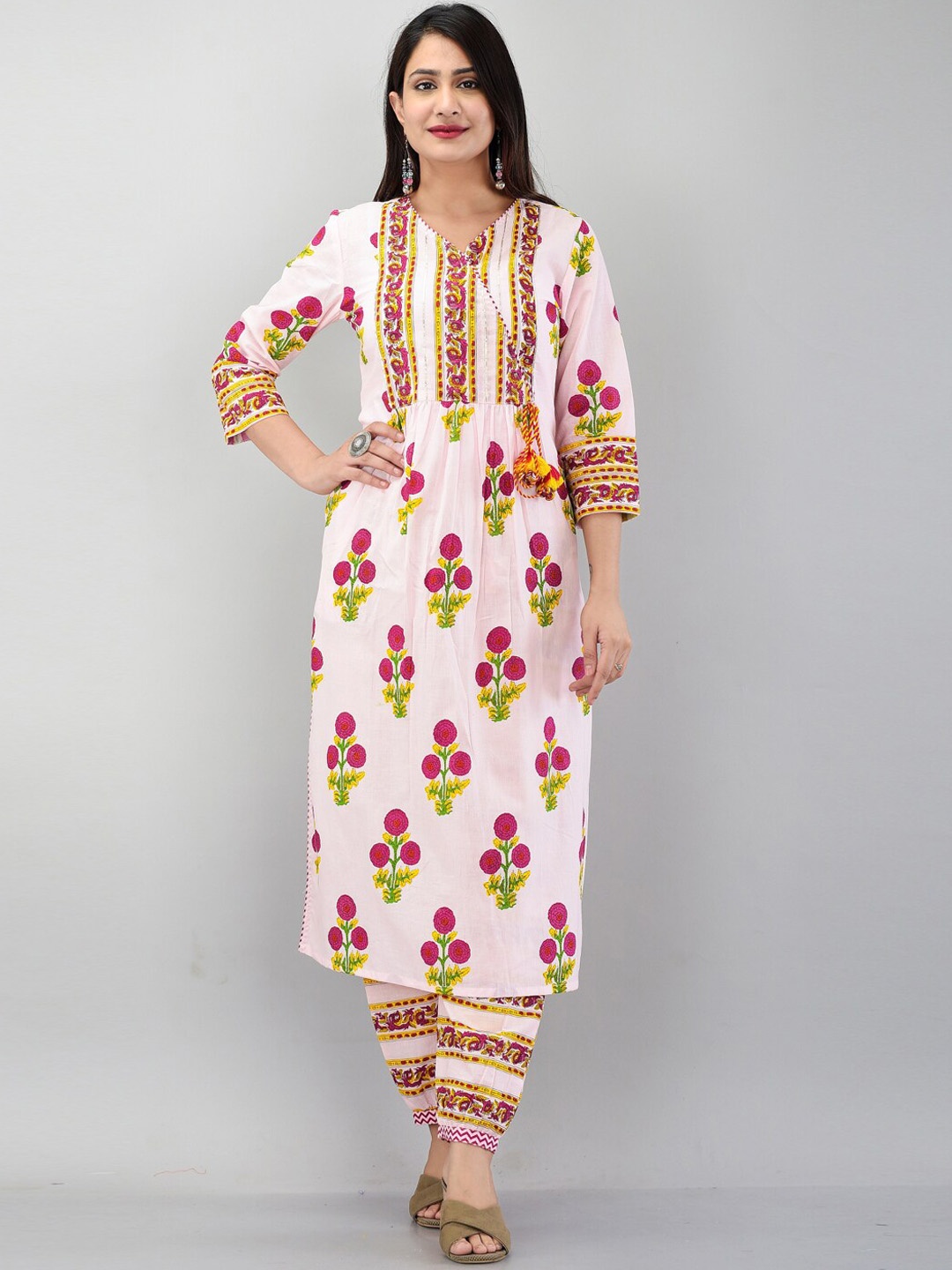 

PRAKRTEE Floral Printed Pure Cotton Angrakha Kurta With Salwar, Pink