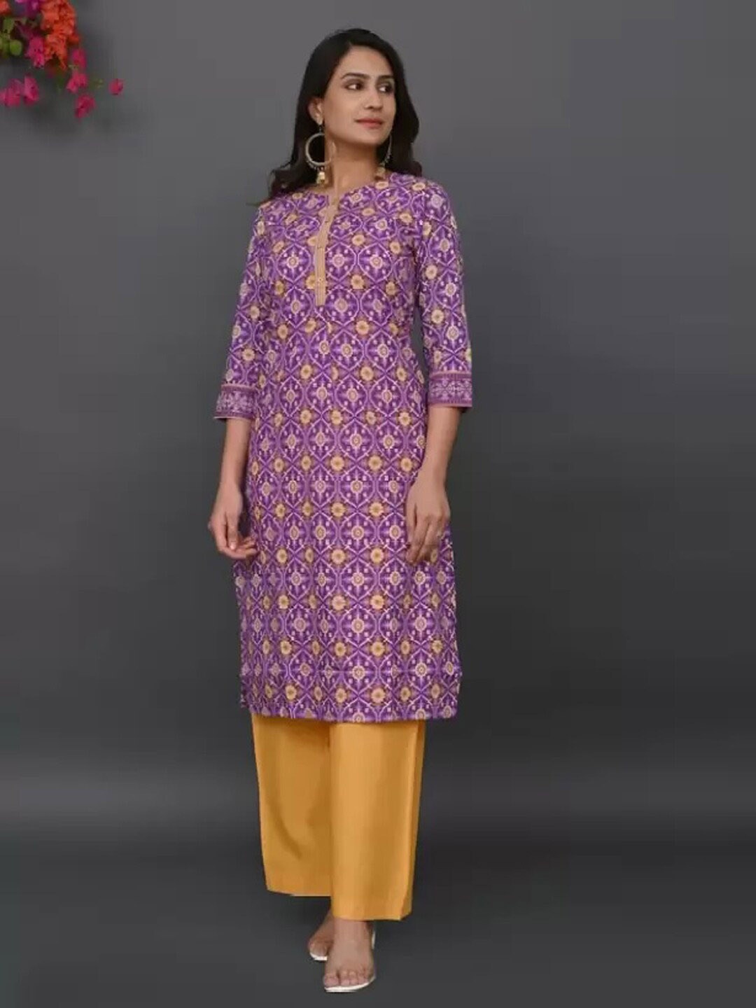 

PRAKRTEE Ethnic Motifs Printed Pure Cotton Kurta With Palazzo & Dupatta, Purple