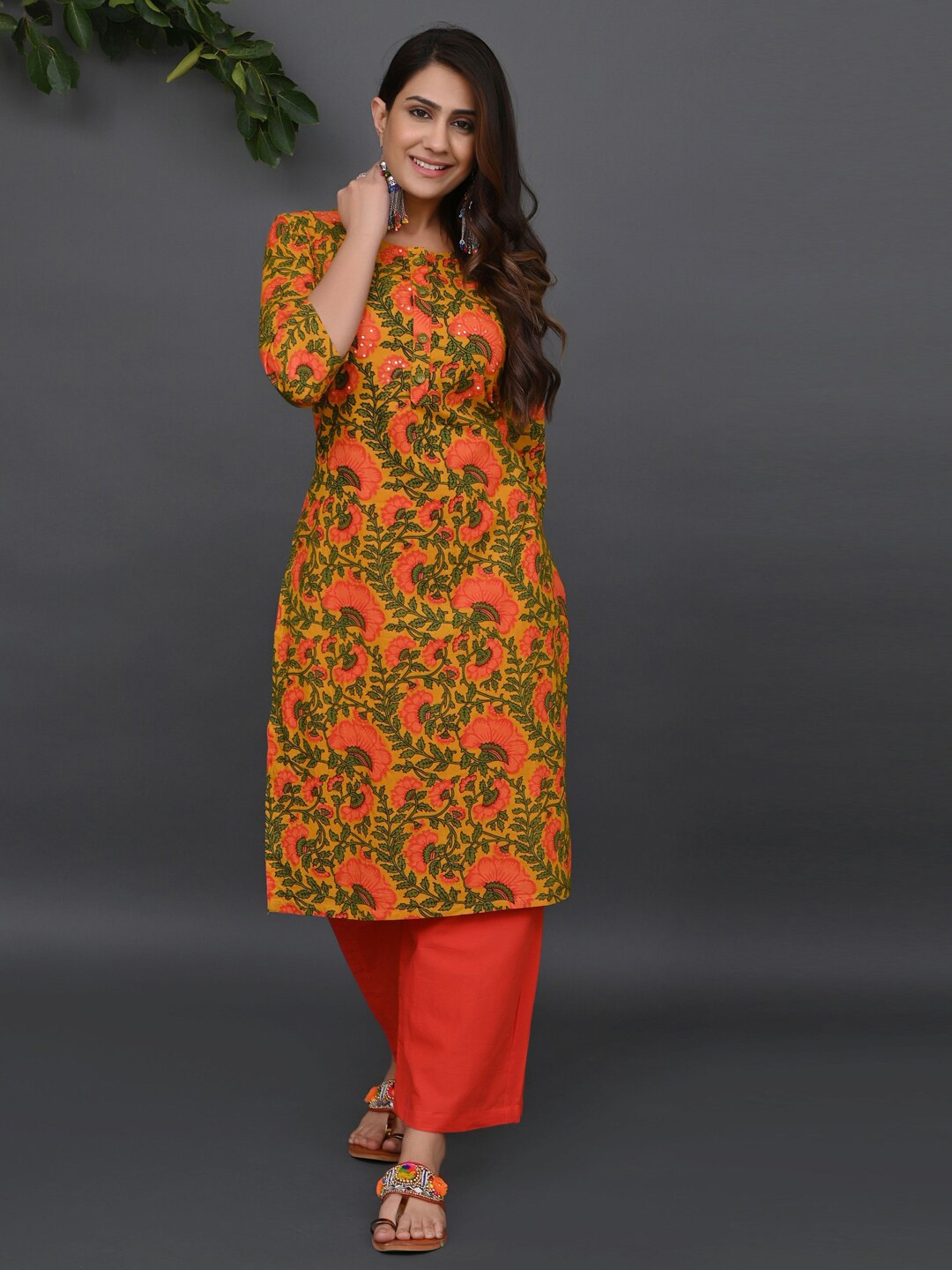 

PRAKRTEE Floral Printed Sequinned Pure Cotton Straight Kurta, Mustard