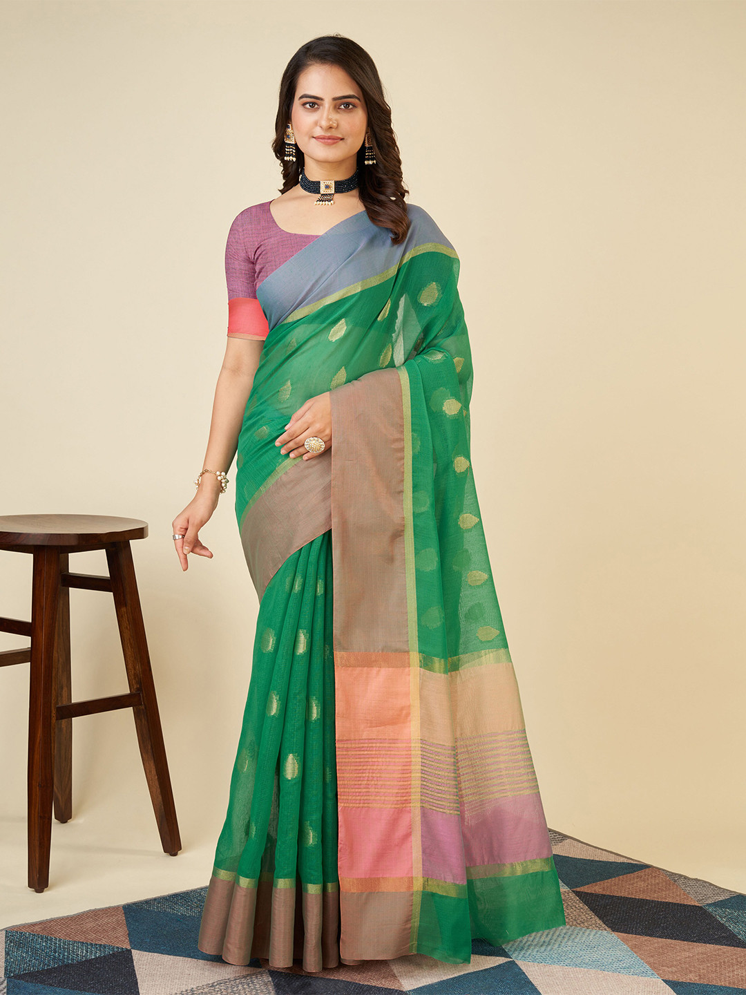 

KALINI Geometric Woven Design Cotton Silk Banarasi Saree, Green