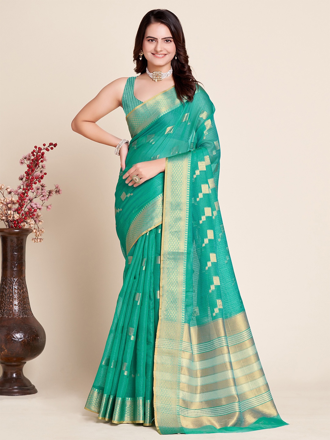 

KALINI Geometric Woven Design Zari Silk Cotton Banarasi Saree, Turquoise blue