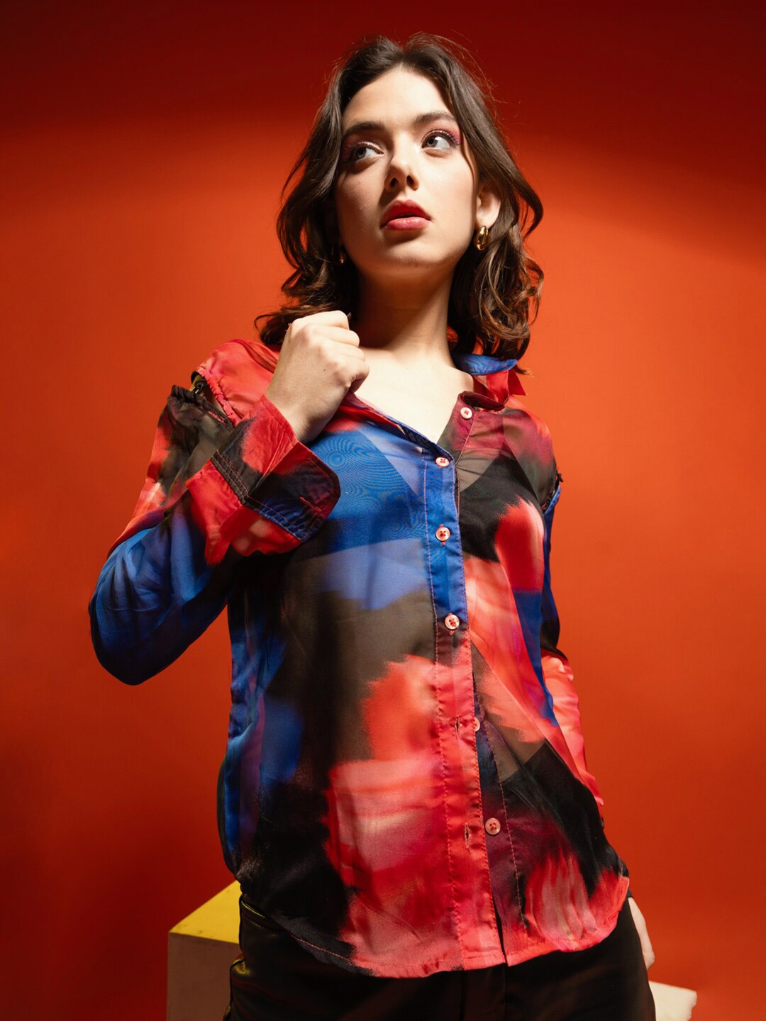 

Stylecast X Hersheinbox Red Semi Sheer Abstract Printed Casual Shirt
