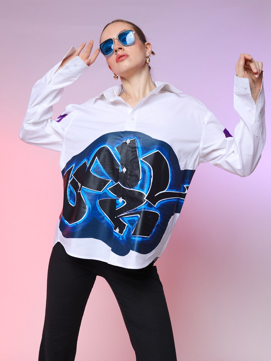 

Stylecast X Hersheinbox White Graphic Printed Oversized Pure Cotton Shirt