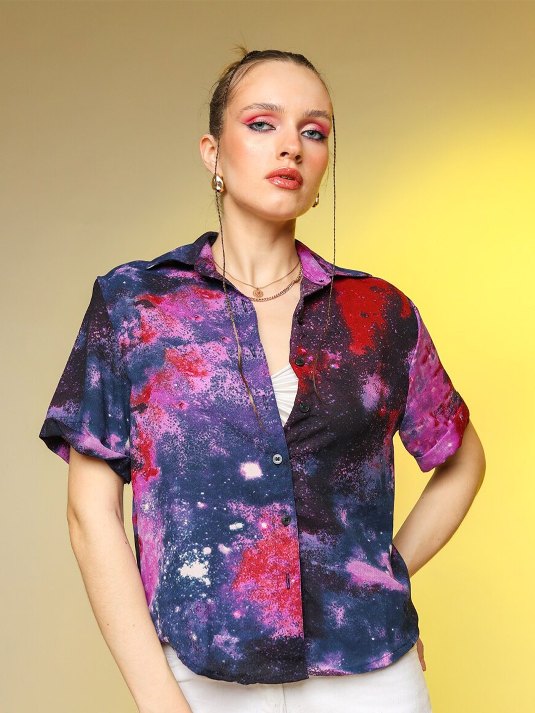 

Stylecast X Hersheinbox Brown & Pink Printed Shirt Style Top