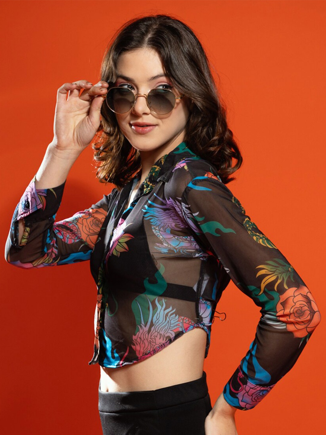 

Stylecast X Hersheinbox Black & Orange Floral Printed Sheer Casual Shirt