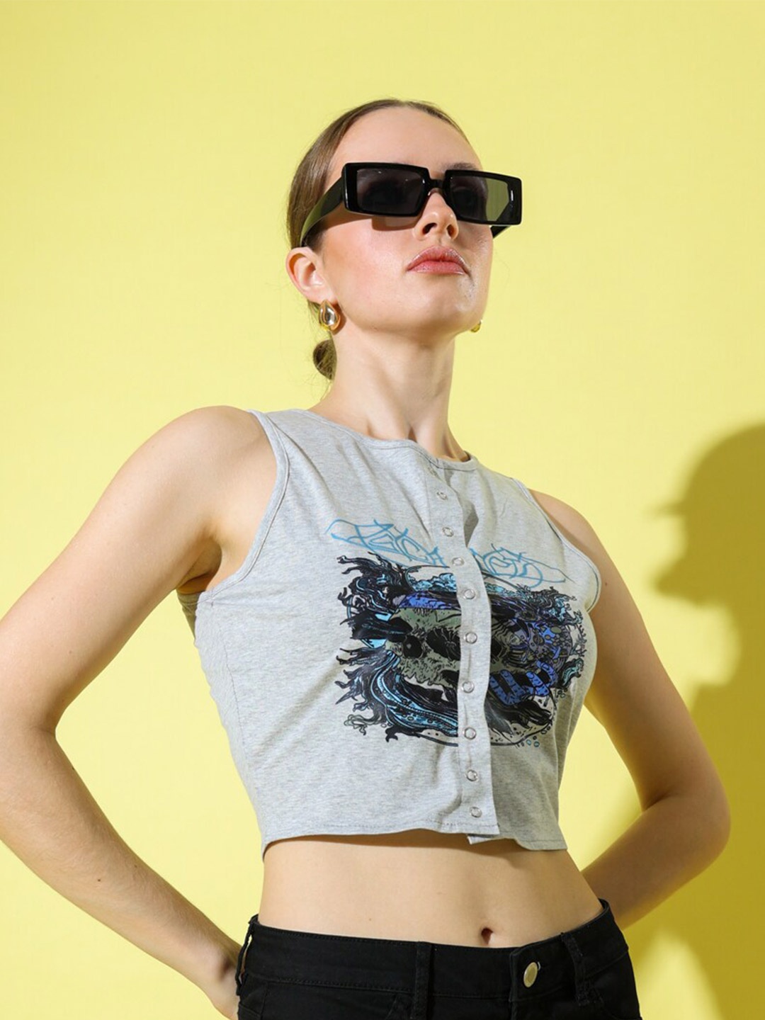 

Stylecast X Hersheinbox Grey & Black Printed Pure Cotton Crop Top