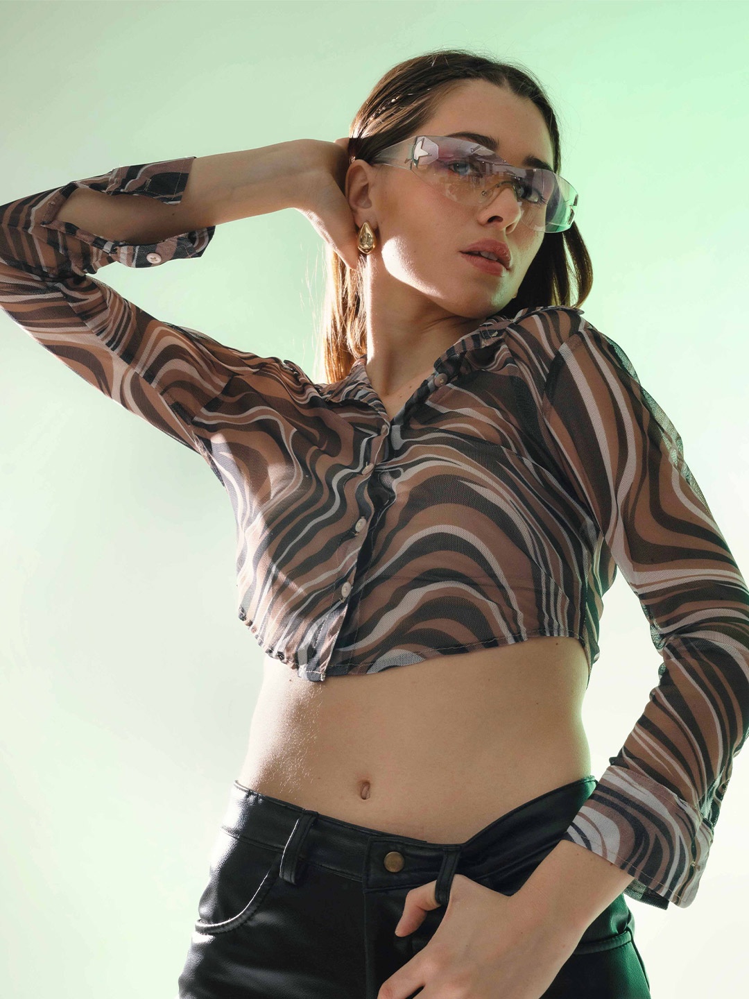 

Stylecast X Hersheinbox Brown & Beige Printed Shirt Style Crop Top