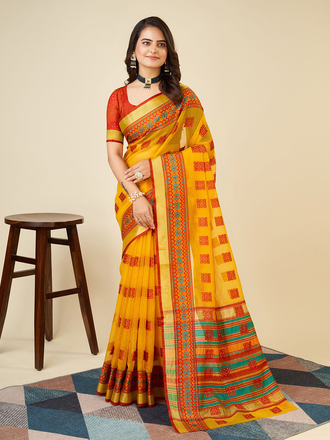 

KALINI Geometric Woven Design Cotton Silk Banarasi Saree, Yellow