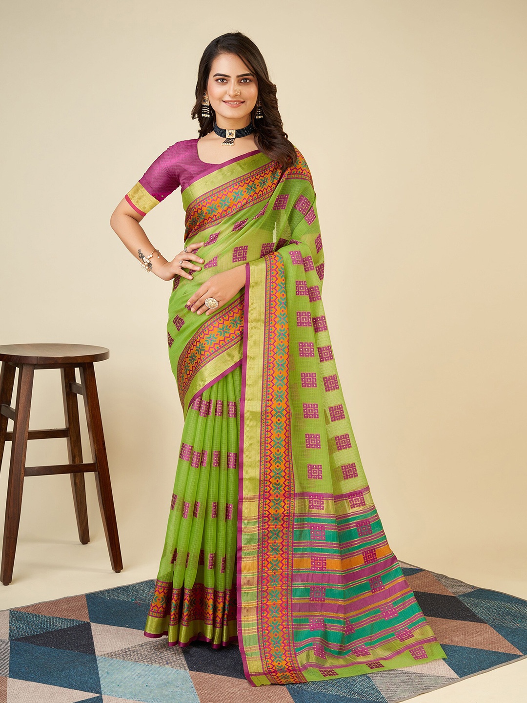 

KALINI Ethnic Motifs Woven Design Zari Silk Cotton Banarasi Saree, Green