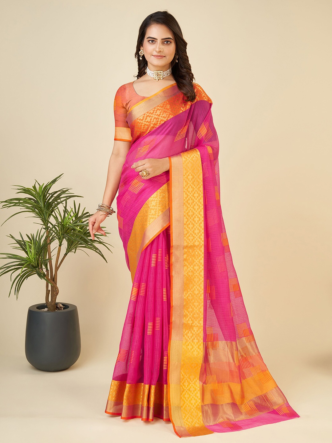 

KALINI Geometric Woven Design Cotton Silk Banarasi Saree, Pink