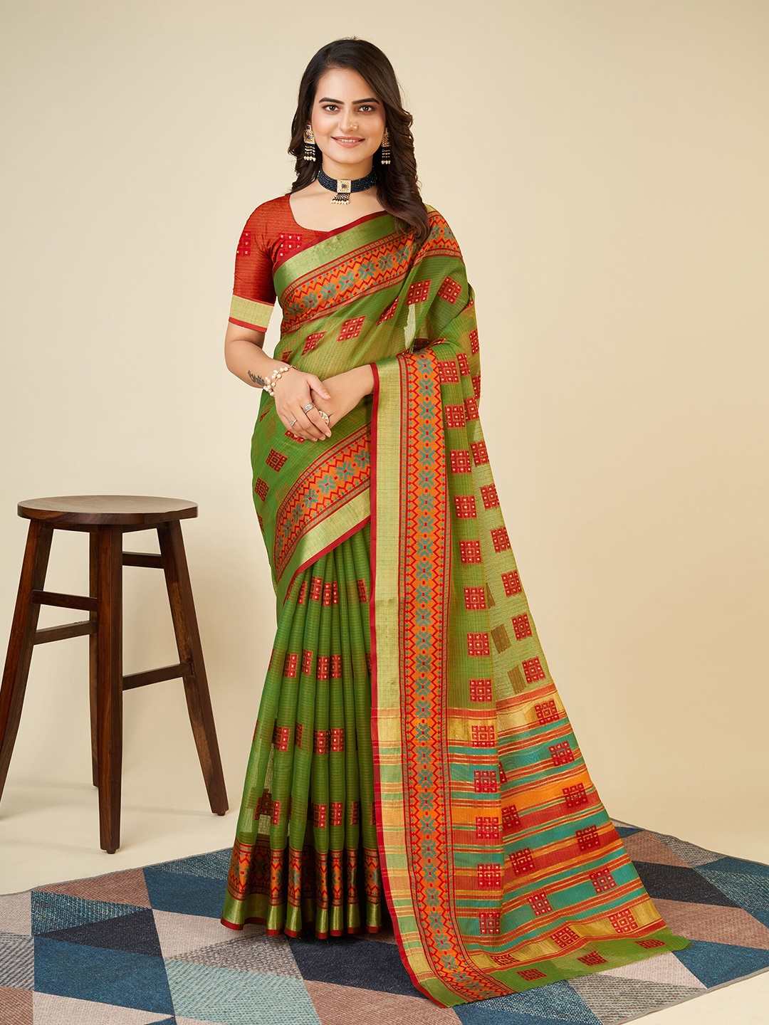 

KALINI Ethnic Motifs Woven Design Zari Silk Cotton Banarasi Saree, Green