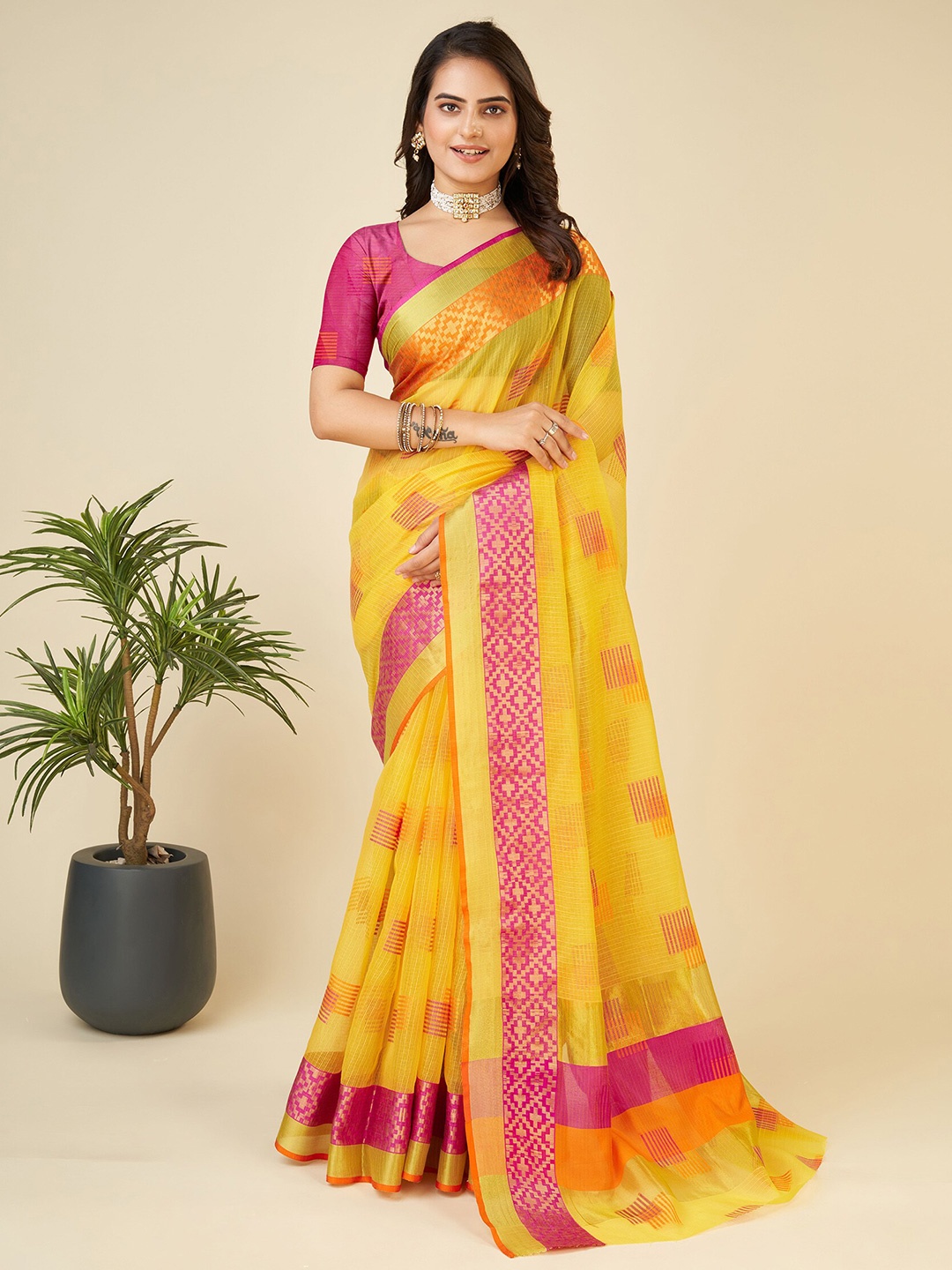 

KALINI Ethnic Motifs Woven Design Zari Silk Cotton Banarasi Saree, Yellow