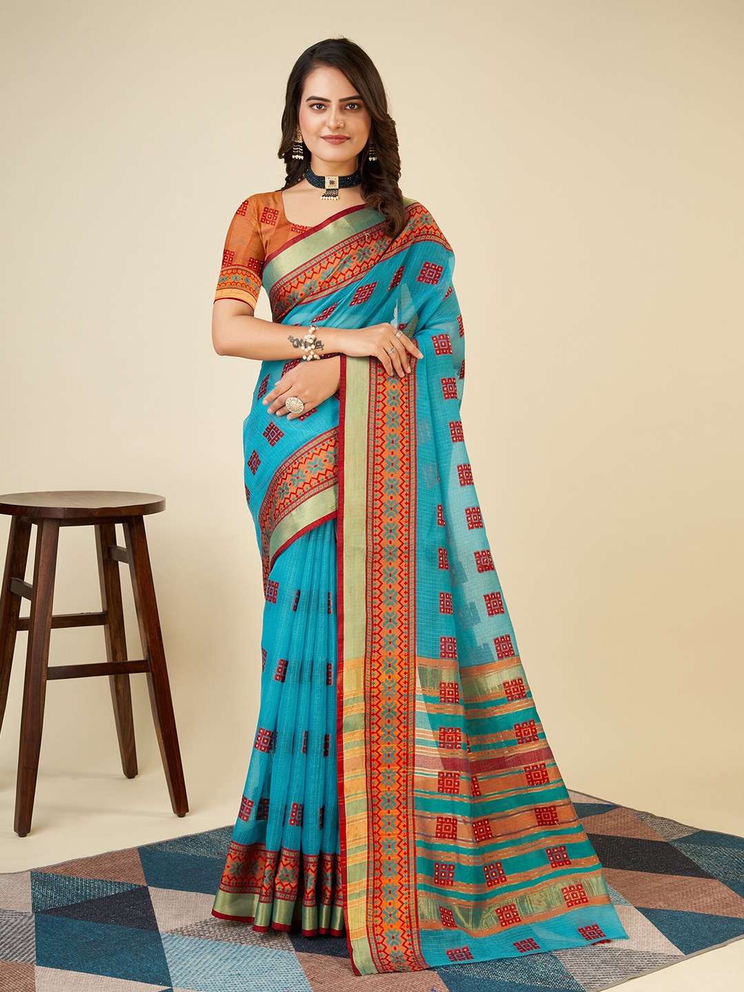 

KALINI Ethnic Motifs Woven Design Silk Cotton Banarasi Saree, Turquoise blue