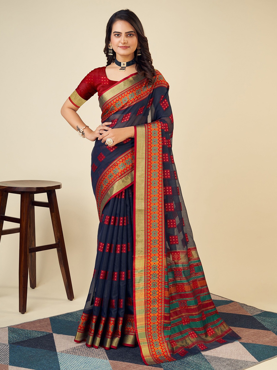 

KALINI Ethnic Motifs Woven Design Zari Silk Cotton Banarasi Saree, Blue