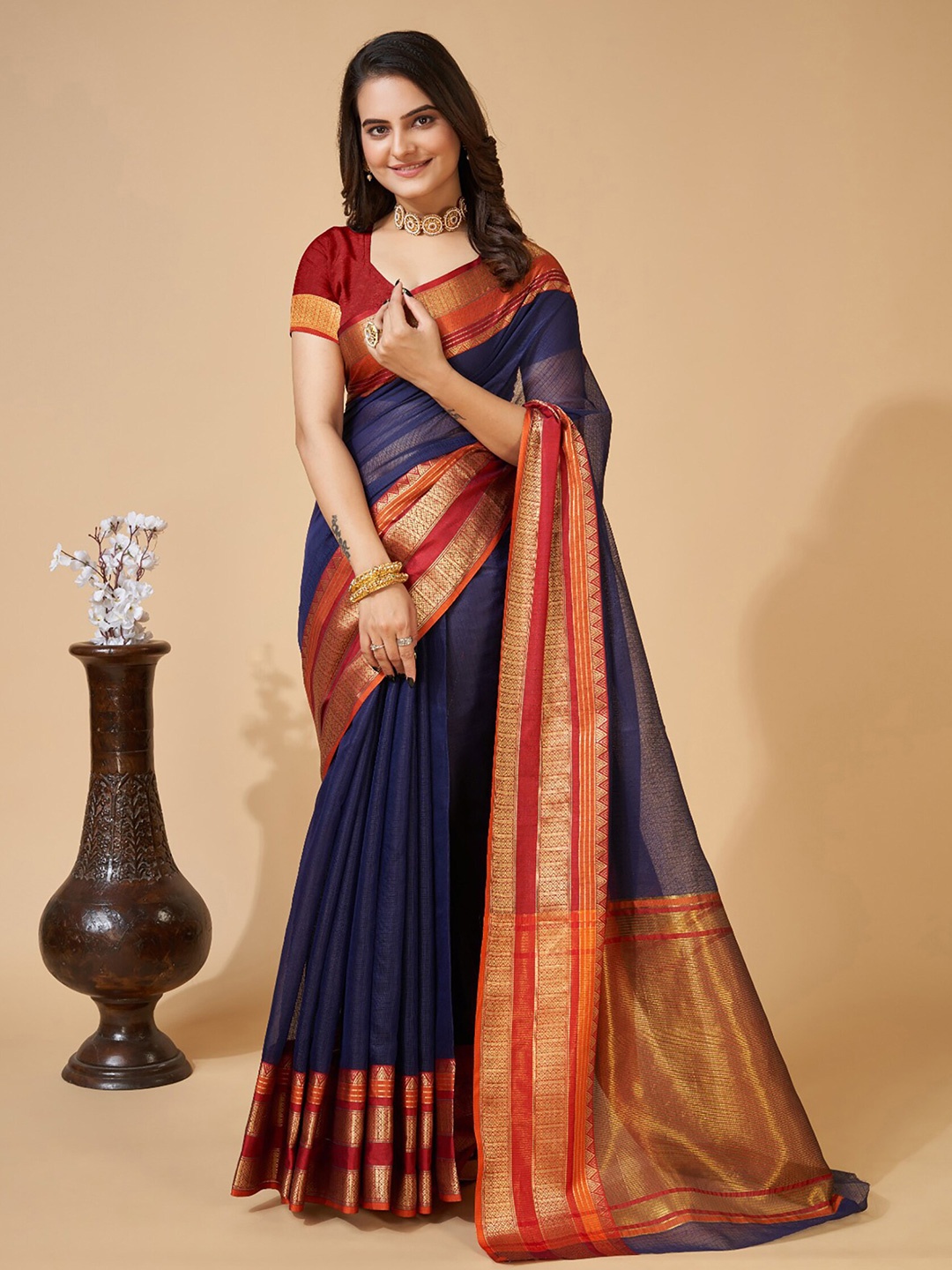 

KALINI Checked Zari Silk Cotton Banarasi Saree, Blue