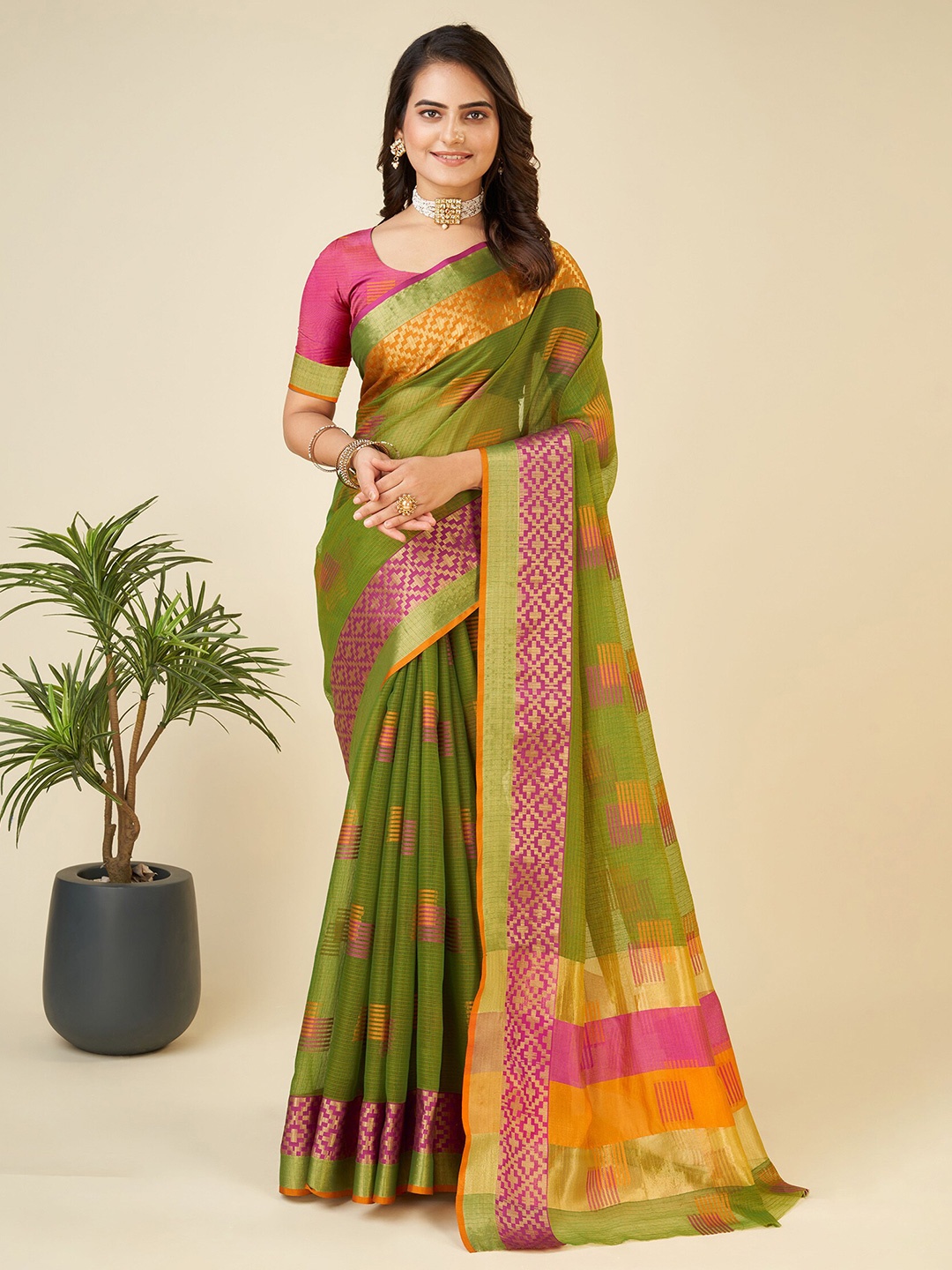 

KALINI Geometric Woven Design Cotton Silk Banarasi Saree, Green