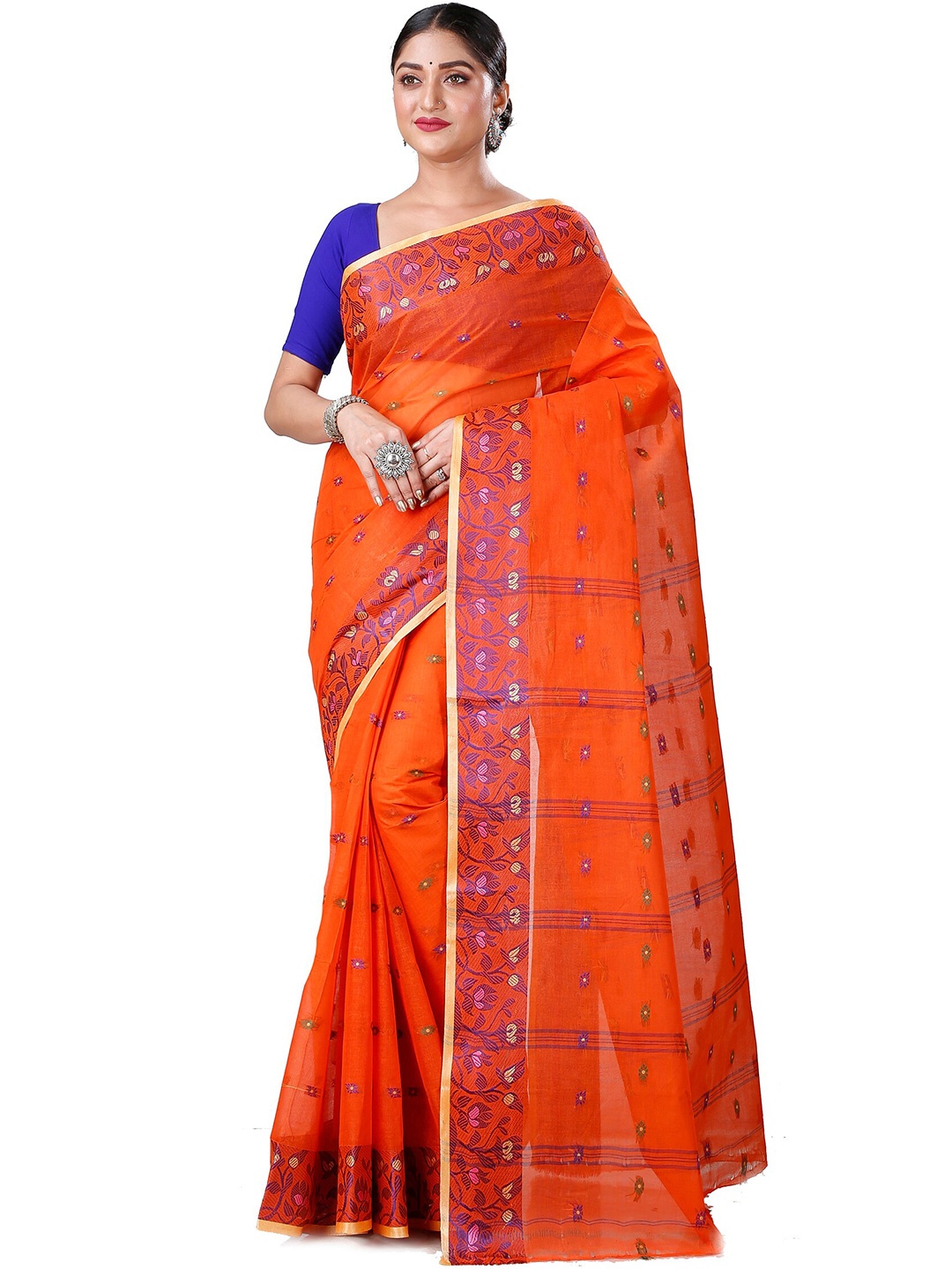 

DipDiya Ethnic Motifs Woven Design Pure Cotton Taant Saree, Orange