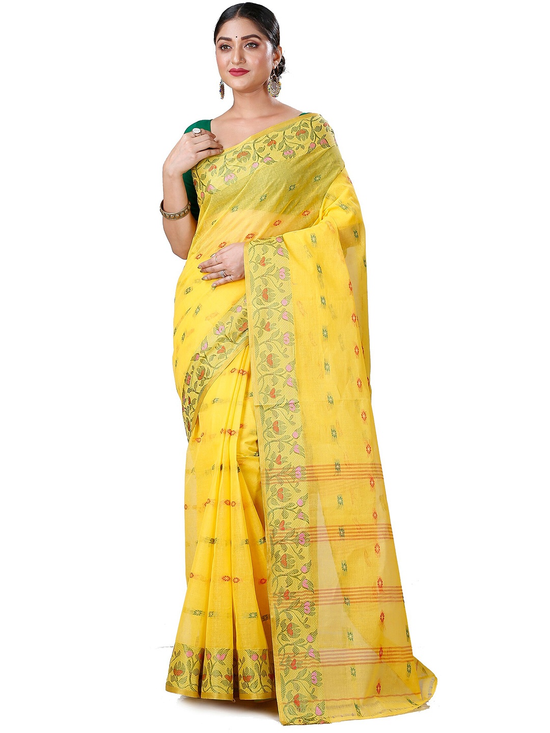 

DipDiya Ethnic Motifs Woven Design Zari Pure Cotton Taant Saree, Yellow